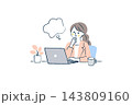 パソコンの前で顎に手を当てて考える女性会社員のイラスト｜吹き出し、観葉植物、マグカップ 143809160