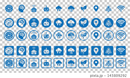 Icon set for AI, smart cities, smart homes, and environmental technologies. Icon set for AI, smart cities, smart homes, and environmental technologies. 143809292