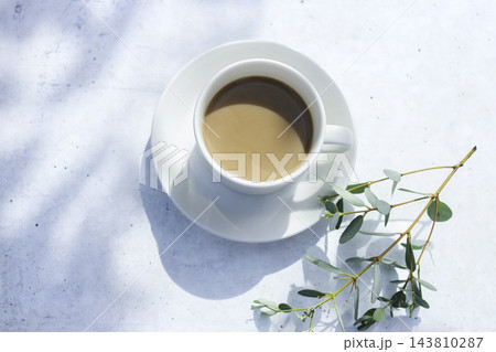 ユーカリの枝と白いカップのカフェオレ 爽やかな日差しと光と影 ユーカリの枝と白いカップのカフェオレ 爽やかな日差しと光と影 143810287
