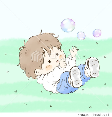 芝生でシャボン玉に手を伸ばす子どもの手描きイラスト 143810751