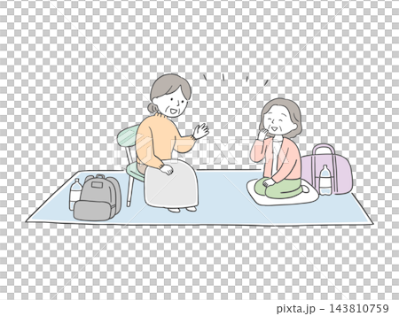 避難所でコミュニケーションをとる高齢女性のイラスト 143810759