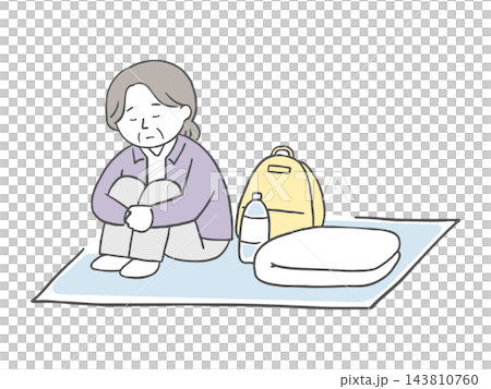 避難所で孤独や不安を感じる高齢女性のイラスト 避難所で孤独や不安を感じる高齢女性のイラスト 143810760