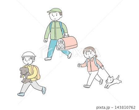 ペットと一緒に避難する人々のイラスト 143810762