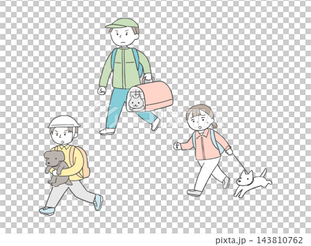 ペットと一緒に避難する人々のイラスト 143810762
