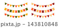 Colorful bright Thanksgiving flag bunting decoration. Triangle, round and square autumn flags garland chain. Halloween party celebration pennant decoration. Fall season decor vector illustration 143810848