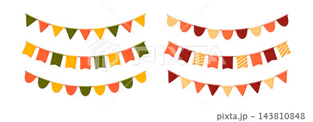 Colorful bright Thanksgiving flag bunting decoration. Triangle, round and square autumn flags garland chain. Halloween party celebration pennant decoration. Fall season decor vector illustration 143810848