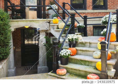 Autumn Pumpkins and White Chrysanthemums on Stone Front Steps 143810975
