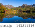 快晴の青空のもと鮮やかに色づく紅葉の戸隠連峰と鏡池の水鏡 快晴の青空のもと鮮やかに色づく紅葉の戸隠連峰と鏡池の水鏡 143811316