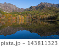 快晴の青空のもと鮮やかに色づく紅葉の戸隠連峰と鏡池の水鏡 快晴の青空のもと鮮やかに色づく紅葉の戸隠連峰と鏡池の水鏡 143811323