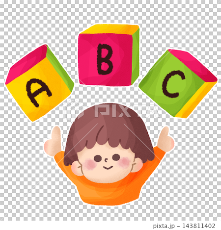 圖:一個孩子拿著字母積木(無輪廓線) 圖:一個孩子拿著字母積木(無輪廓線) 143811402