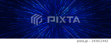 Blue dot particle burst background. Glowing abstract explosion wallpaper. Dotted star ray and beams backdrop. Dark navy color tech scientific template for presentation, poster, booklet, report. Vector 143811442