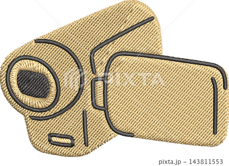 Embroidered camera icon in tan and dark gray thread, stitched patch style illustration with visible stitch texture on a plain white background 143811553