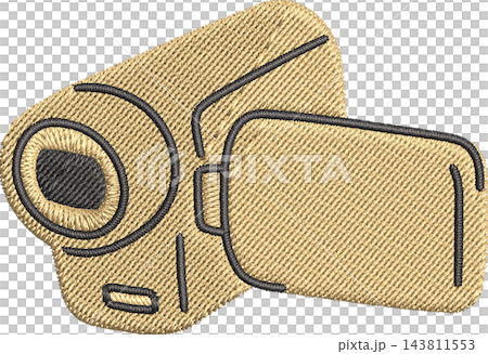 Embroidered camera icon in tan and dark gray thread, stitched patch style illustration with visible stitch texture on a plain white background 143811553