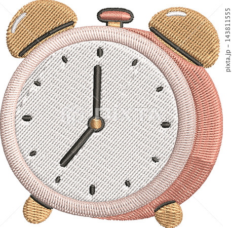 Embroidered alarm clock icon in soft pastel pink and gold thread, stitched digital illustration with cross-stitch texture on a clean white background 143811555