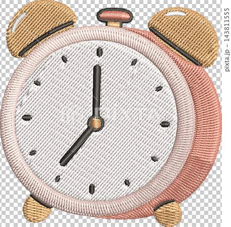 Embroidered alarm clock icon in soft pastel pink and gold thread, stitched digital illustration with cross-stitch texture on a clean white background 143811555