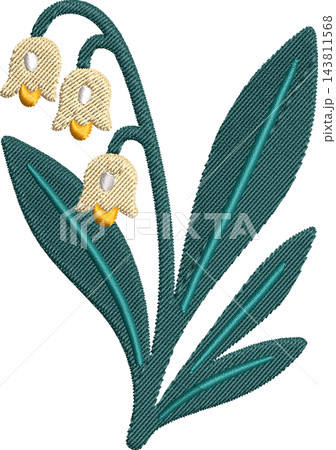 Lily of the Valley Embroidery Design, Machine Stitched Floral Motif with Cream Bells and Teal Leaves on White Background 143811568