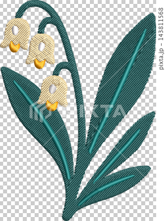 Lily of the Valley Embroidery Design, Machine Stitched Floral Motif with Cream Bells and Teal Leaves on White Background 143811568