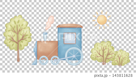 Cute watercolor train, tree and sun for children. Hand drawn isolated drawings set, cartoonish illustrations 143811628