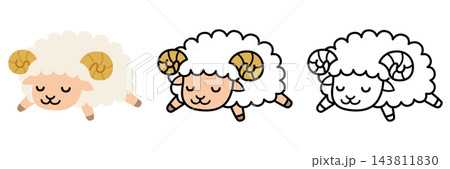 気持ちよさそうに眠るかわいいひつじのイラストセット　ポップでかわいい未年 143811830