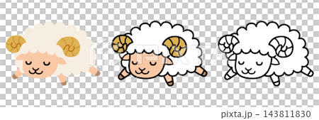 気持ちよさそうに眠るかわいいひつじのイラストセット　ポップでかわいい未年 143811830