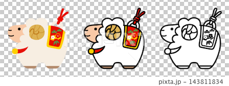 お正月の縁起物の置物とかわいいひつじのイラストセット　ポップでかわいい未年 143811834