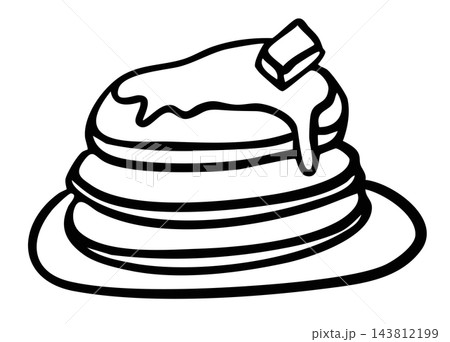 Hand drawn pancakes with butter on plate outline for American breakfast, brunch, bakery, pastry, cafe, menu, restaurant, recipe, baking book, department store, fast food, sweet dessert	 143812199