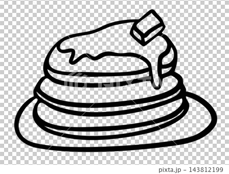 Hand drawn pancakes with butter on plate outline for American breakfast, brunch, bakery, pastry, cafe, menu, restaurant, recipe, baking book, department store, fast food, sweet dessert Hand drawn pancakes with butter on plate outline for American breakfast, brunch, bakery, pastry, cafe, menu, restaurant, recipe, baking book, department store, fast food, sweet dessert 143812199