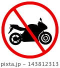 Ban motorcycle icon. Restricted motorbike parking forbidden sign. Prohibited moto bike red stop circle symbol. flat style. 143812313