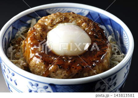 月見照り焼きハンバーグ丼を黒背景で撮影 月見照り焼きハンバーグ丼を黒背景で撮影 143813581