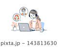 ヘッドセットでオンライン会議をする女性会社員のイラスト｜ノートPC、男女、吹き出し、観葉植物 143813630