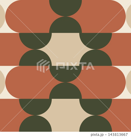 Retro geometric seamless pattern featuring terracotta arches, olive green circles, and beige shapes in a minimalist mid century modern style. Retro geometric seamless pattern featuring terracotta arches, olive green circles, and beige shapes in a minimalist mid century modern style. 143813667
