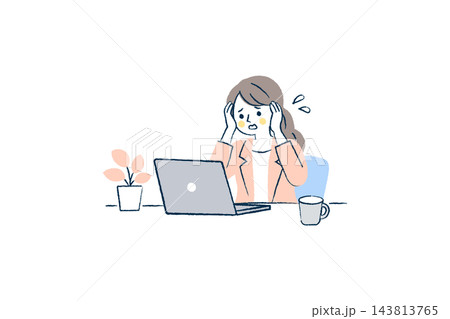 パソコン作業中に頭を抱える女性会社員のイラスト|ノートPC、汗、観葉植物、マグカップ パソコン作業中に頭を抱える女性会社員のイラスト|ノートPC、汗、観葉植物、マグカップ 143813765