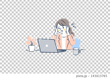パソコン作業中に頭を抱える女性会社員のイラスト|ノートPC、汗、観葉植物、マグカップ パソコン作業中に頭を抱える女性会社員のイラスト|ノートPC、汗、観葉植物、マグカップ 143813765