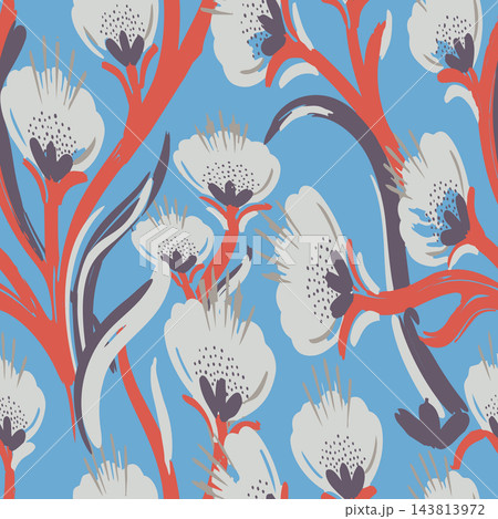 Stylized botanical composition with large white flowers, coral red branches and dark purple accents on blue field, suitable for wallpaper, fabric, packaging and home decor applications. Stylized botanical composition with large white flowers, coral red branches and dark purple accents on blue field, suitable for wallpaper, fabric, packaging and home decor applications. 143813972