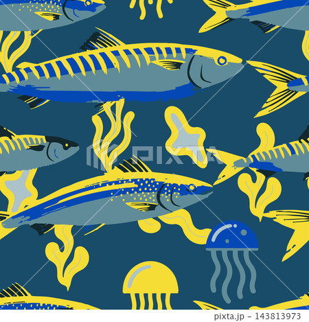Decorative marine pattern with stylized tuna fish, jellyfish and seaweed on deep blue background, featuring bold yellow, gray and blue shapes for modern textile, wallpaper and packaging design use. 143813973