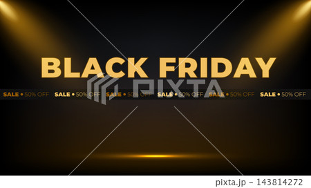 Luxury Black Friday sale background featuring golden typography, spotlights and 50 Percent off tape Luxury Black Friday sale background featuring golden typography, spotlights and 50 Percent off tape 143814272