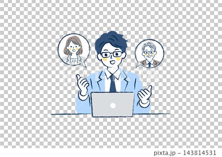 一幅插圖,描繪了一位戴眼鏡的男上班族正在與一男一女進行線上會議。 | 圖中包含電腦、對話框、西裝和眼鏡。 一幅插圖,描繪了一位戴眼鏡的男上班族正在與一男一女進行線上會議。 | 圖中包含電腦、對話框、西裝和眼鏡。 143814531