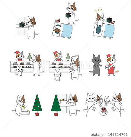 クリスマスの準備やプレゼント交換を楽しむかわいい猫のイラスト9場面セット クリスマスの準備やプレゼント交換を楽しむかわいい猫のイラスト9場面セット 143814701