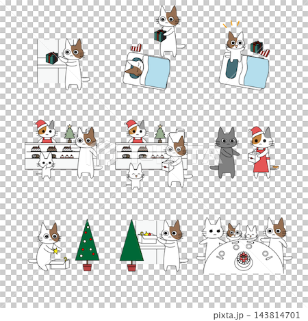 クリスマスの準備やプレゼント交換を楽しむかわいい猫のイラスト9場面セット クリスマスの準備やプレゼント交換を楽しむかわいい猫のイラスト9場面セット 143814701