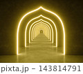 Golden modern lighting tunnel space, 3d rendering sci-fi concept 143814791