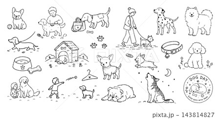 犬のペン画イラストセット(散歩する・遊ぶ・眠る) 犬のペン画イラストセット(散歩する・遊ぶ・眠る) 143814827