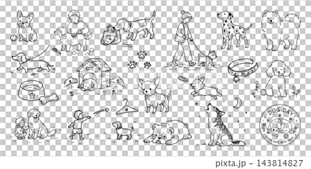 犬のペン画イラストセット(散歩する・遊ぶ・眠る) 犬のペン画イラストセット(散歩する・遊ぶ・眠る) 143814827