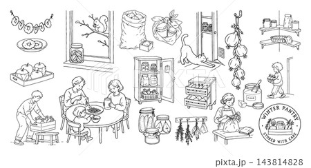 冬支度の保存食と食品収納の手描き線画イラストセット 冬支度の保存食と食品収納の手描き線画イラストセット 143814828