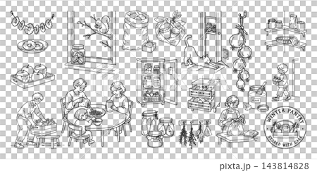 冬支度の保存食と食品収納の手描き線画イラストセット 冬支度の保存食と食品収納の手描き線画イラストセット 143814828