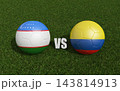 Footballs in flags colors on grass , Uzbekistan with Colombia. 3d rendering 143814913