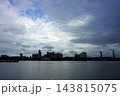 Kolkata city skyline seen across the wide Hooghly river under a vast cloudy monsoon sky 143815075