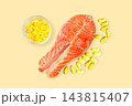 Omega 3. Salmon fillet placed next to fish oil capsules on light background. 143815407
