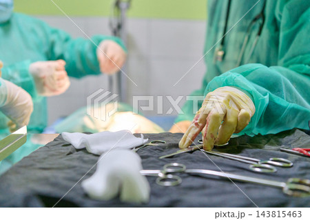 Surgeons in Green Gowns Perform Operation with Sterile Tools and Focused Teamwork in the OR Surgeons in Green Gowns Perform Operation with Sterile Tools and Focused Teamwork in the OR 143815463