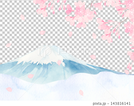 富士山和櫻花的水彩插圖。 143816141