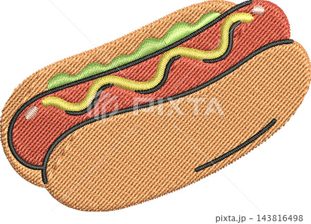 Hot Dog With Relish Illustration with Embroidered Stitch Texture, Isolated Clipart Design Element Hot Dog With Relish Illustration with Embroidered Stitch Texture, Isolated Clipart Design Element 143816498